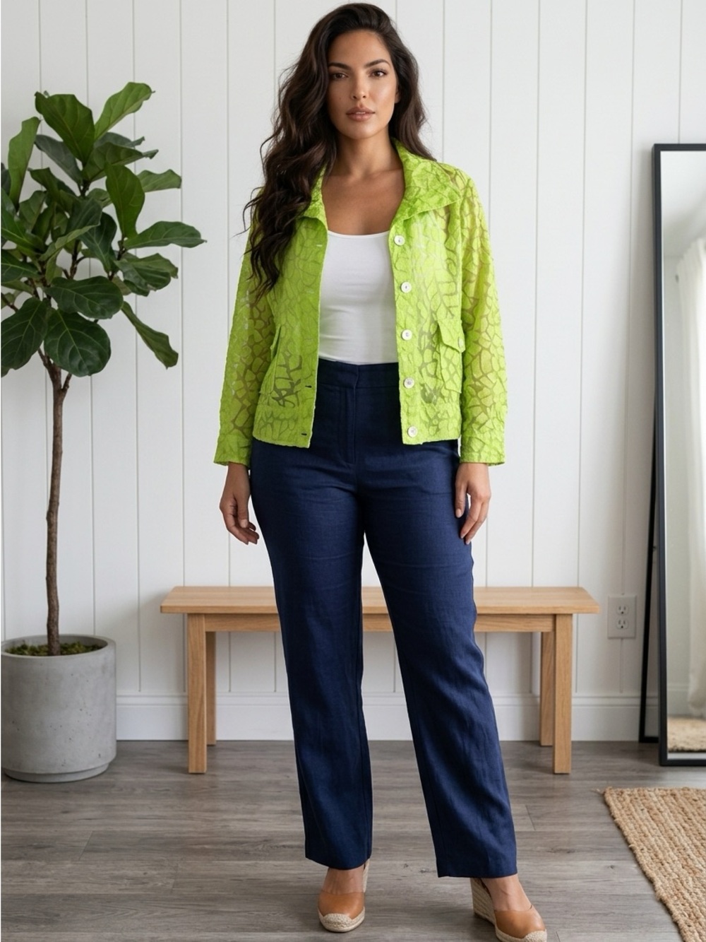 Ruby Rd. Lime Green Sheer Lace Button-Down Jacket